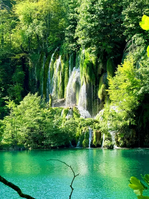 Waterfalls falling into a turquoise lake, Croatia