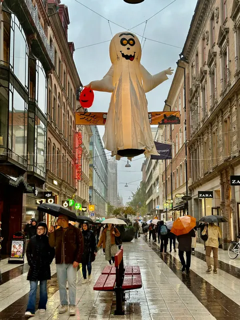 Decorations above a narrow shopping street, Sweden