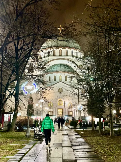 A domed church lit after dark, Serbia