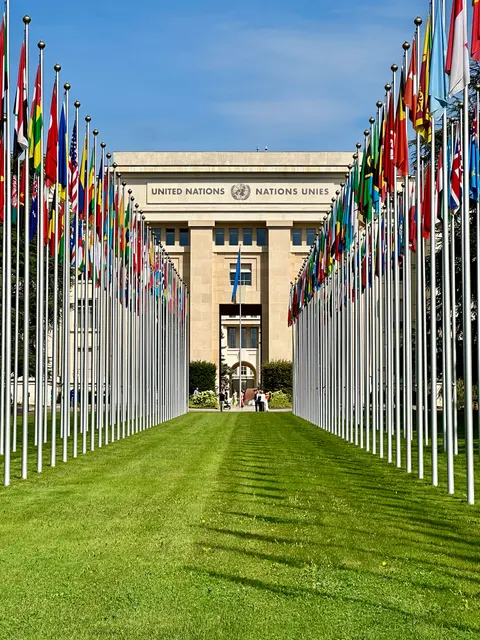 Flags lining the approach to the United Nations, Switzerland