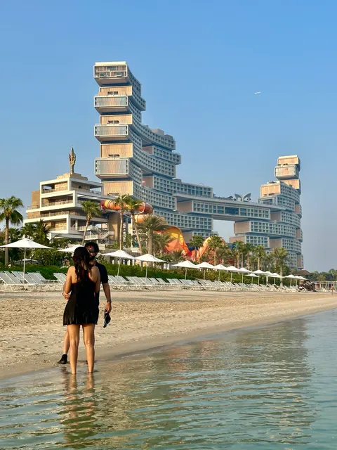 Modern towers beside a sandy beach, United Arab Emirates