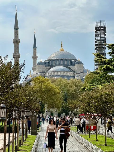 The Blue Mosque beyond a garden path, Turkey