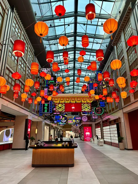 Colorful lanterns above a shopping aisle, United Arab Emirates