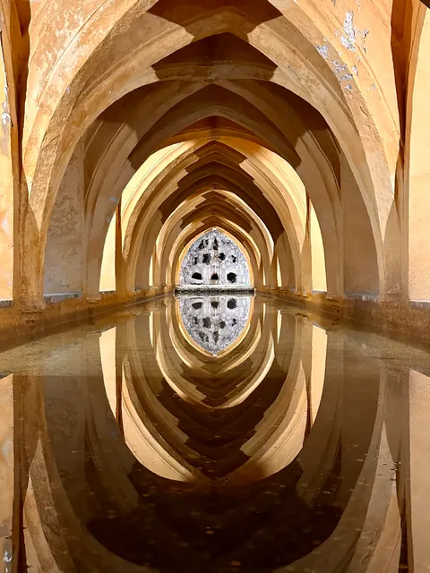 Vaulted arches reflected in still water, Spain