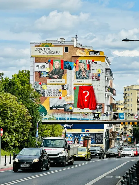 A colorful installation beside a city street, Poland