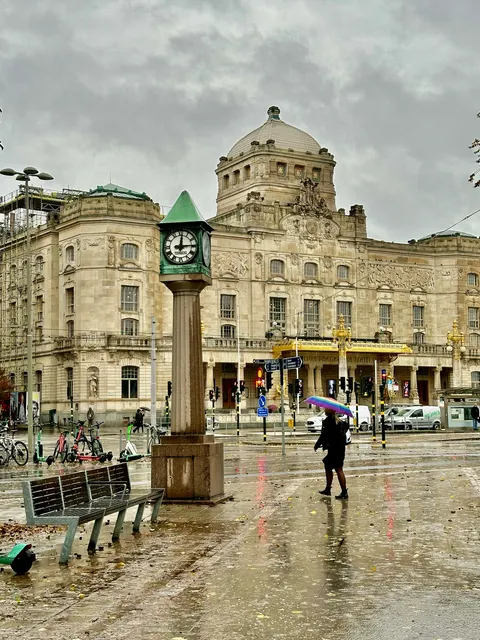 A stone building facing a square, Sweden