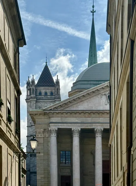 A domed church framed by an arch, Switzerland