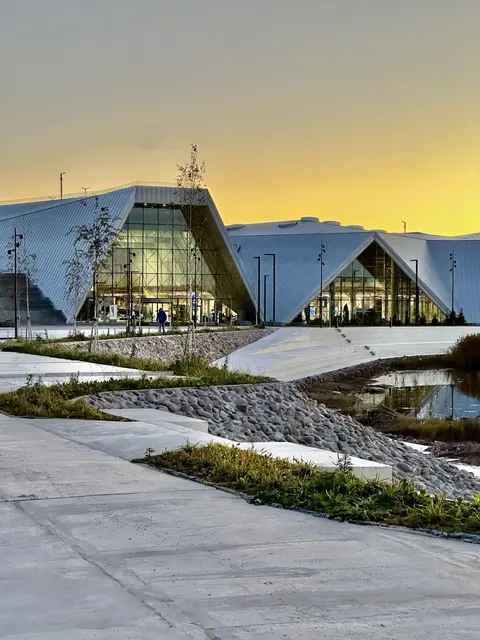A modern waterfront building in evening light, Russia