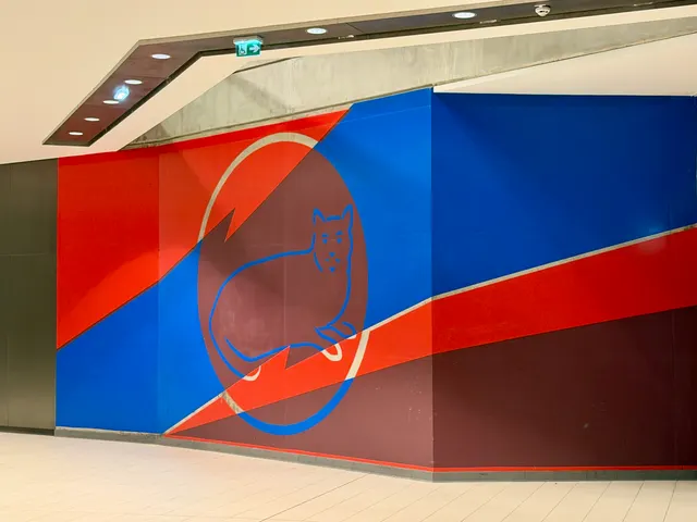 A colorful geometric exhibition wall, France