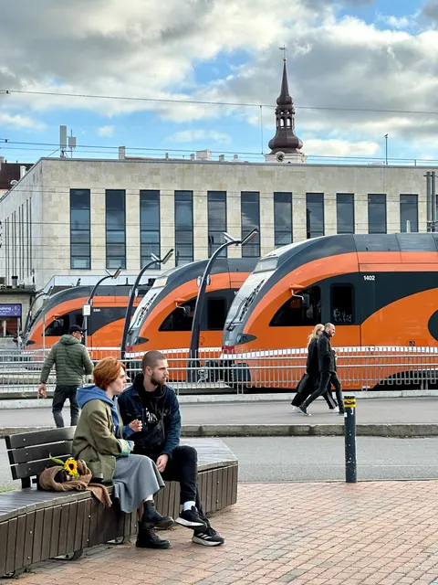 Trams passing Tallinn’s railway station, Estonia