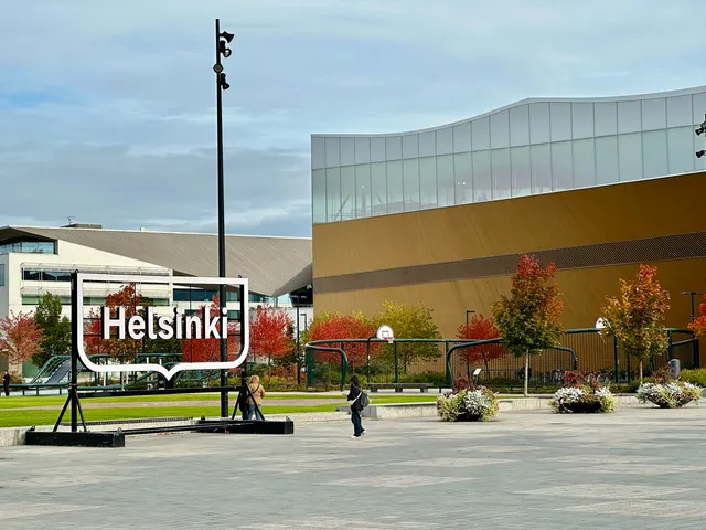 A Helsinki sign beside modern architecture, Finland