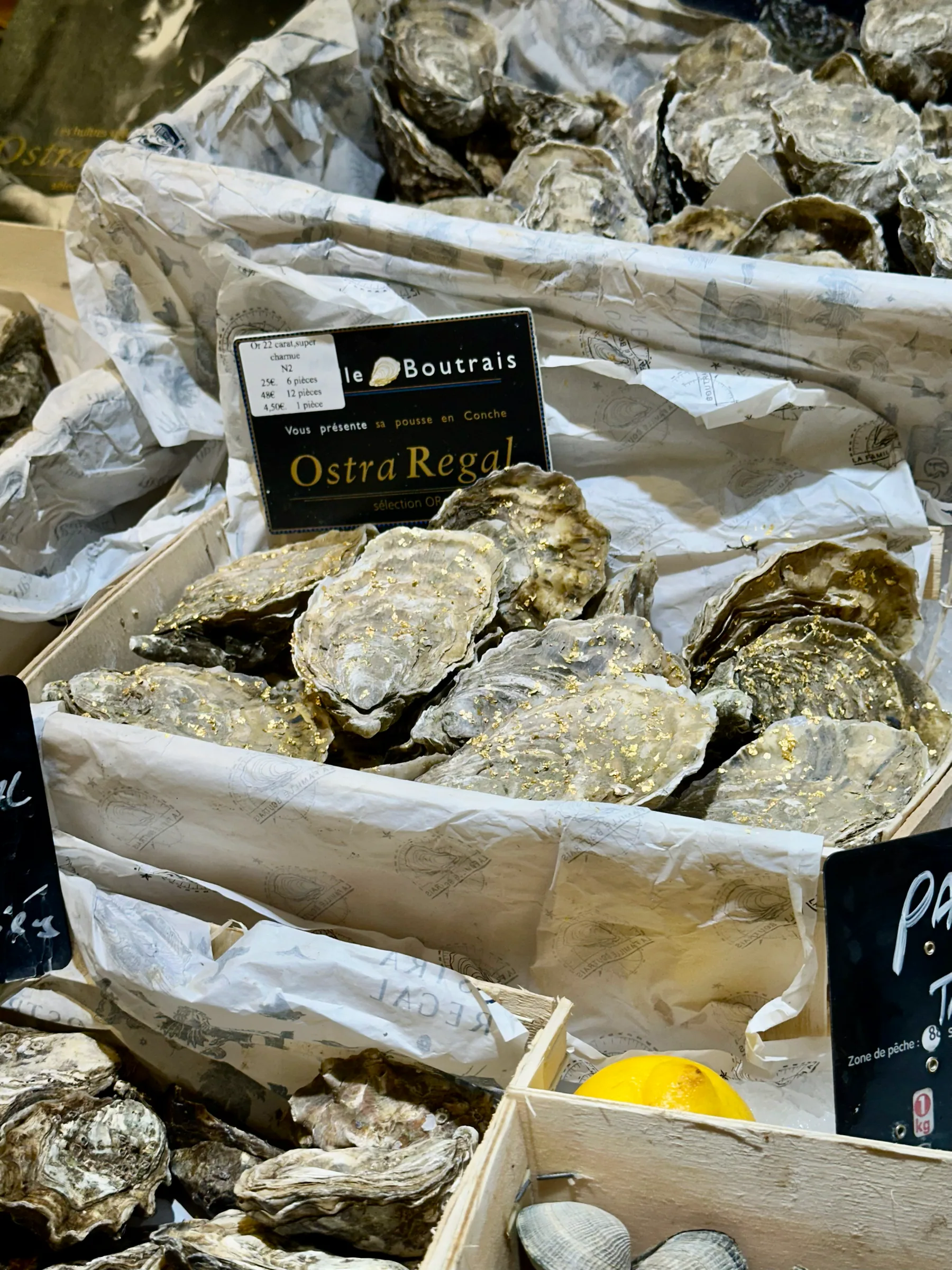 Oysters displayed at a market stall, France