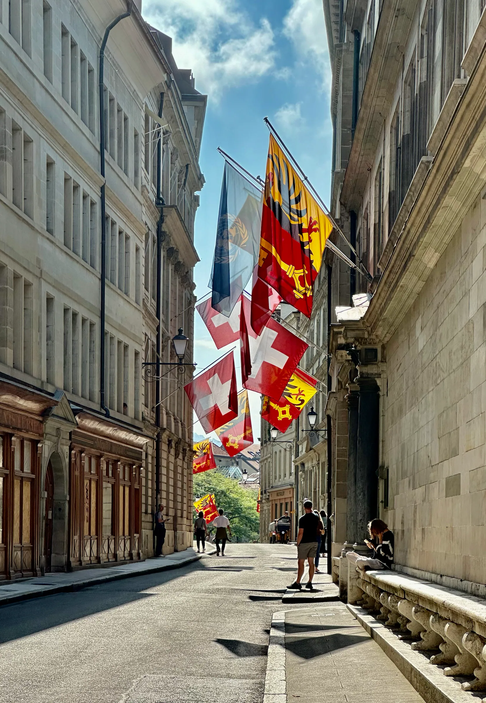 Flags lining a narrow street in Geneva, Switzerland