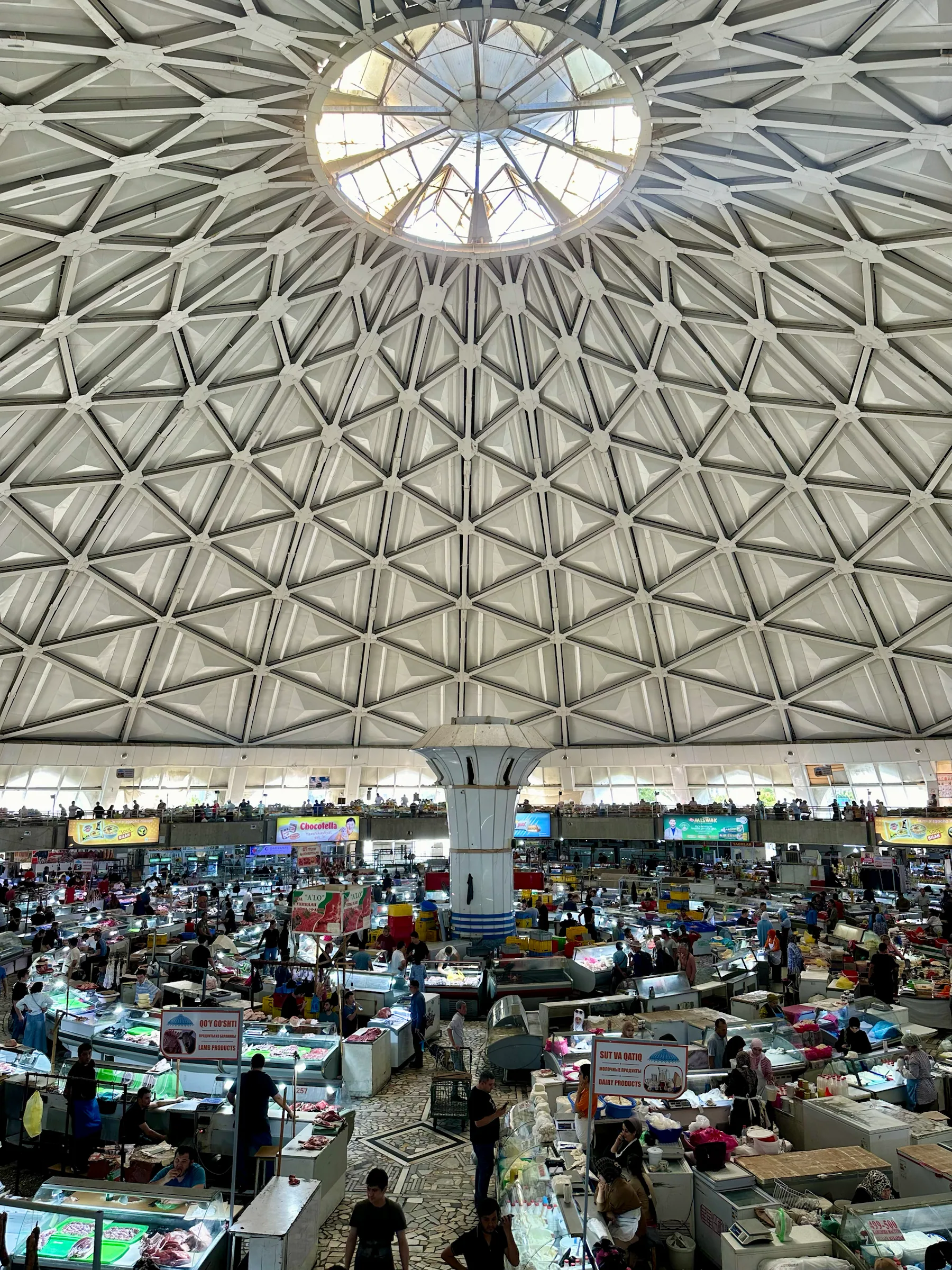 Market stalls beneath a broad domed roof, Uzbekistan