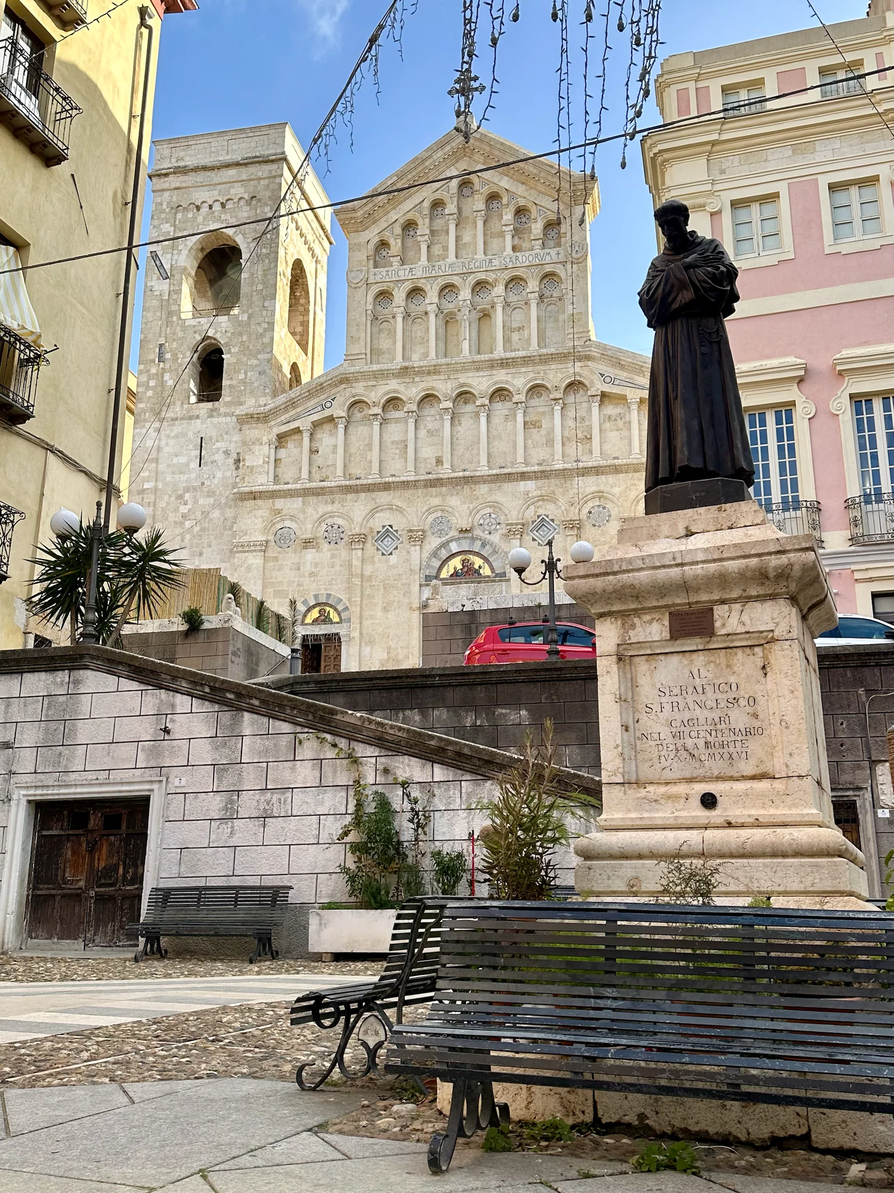 A cathedral above a broad staircase, Italy