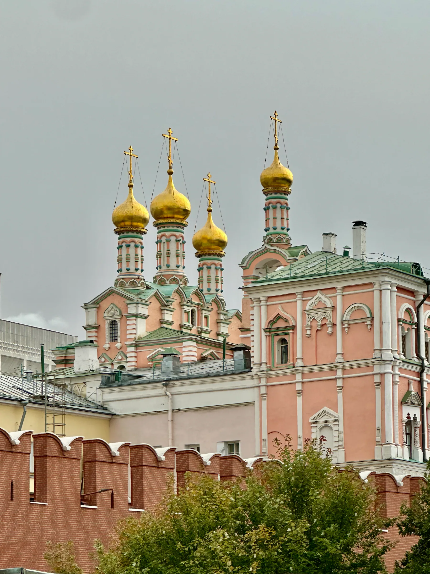 Golden church domes inside the Kremlin, Russia